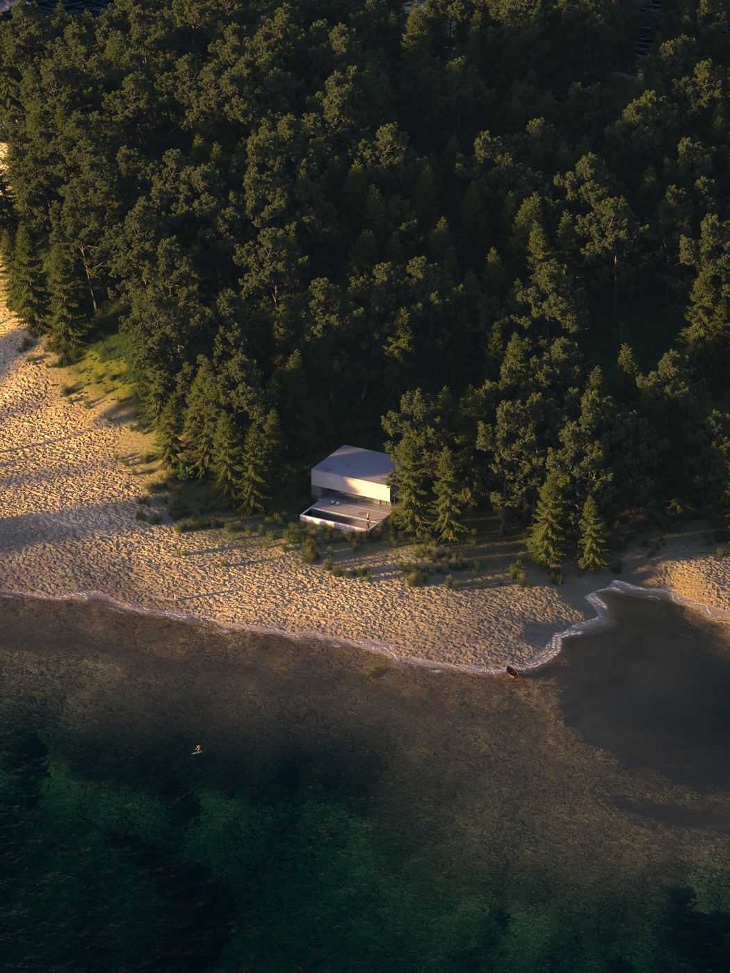 Aerial view of a villa on the coast