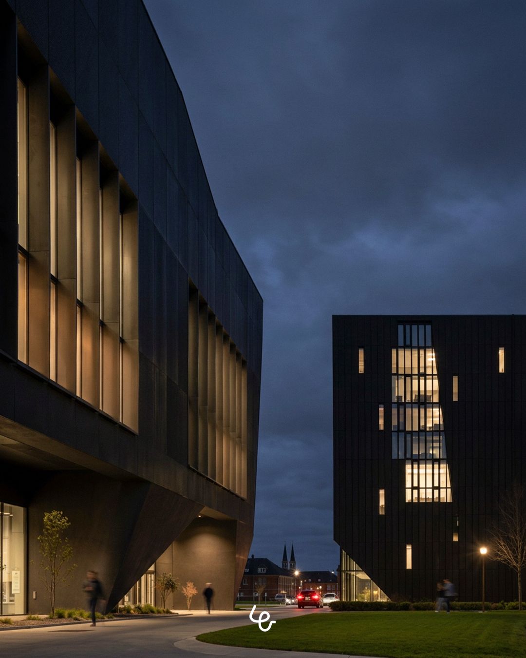 Render esterno notturno di un campus