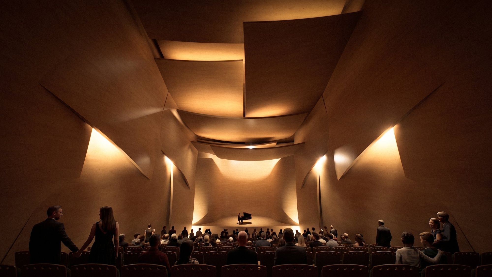 Render degli interni di una sala concerti