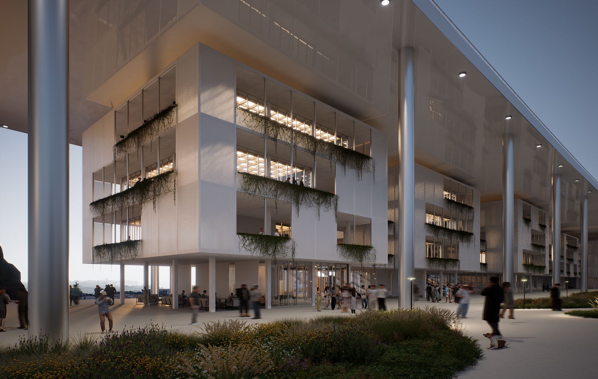 Visualization of a complex under a large roof at dusk