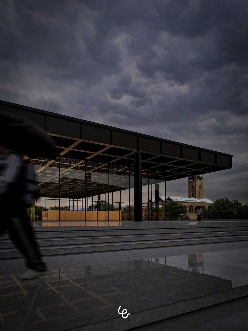 Render della Neue Nationalgalerie di Mies van der Rohe