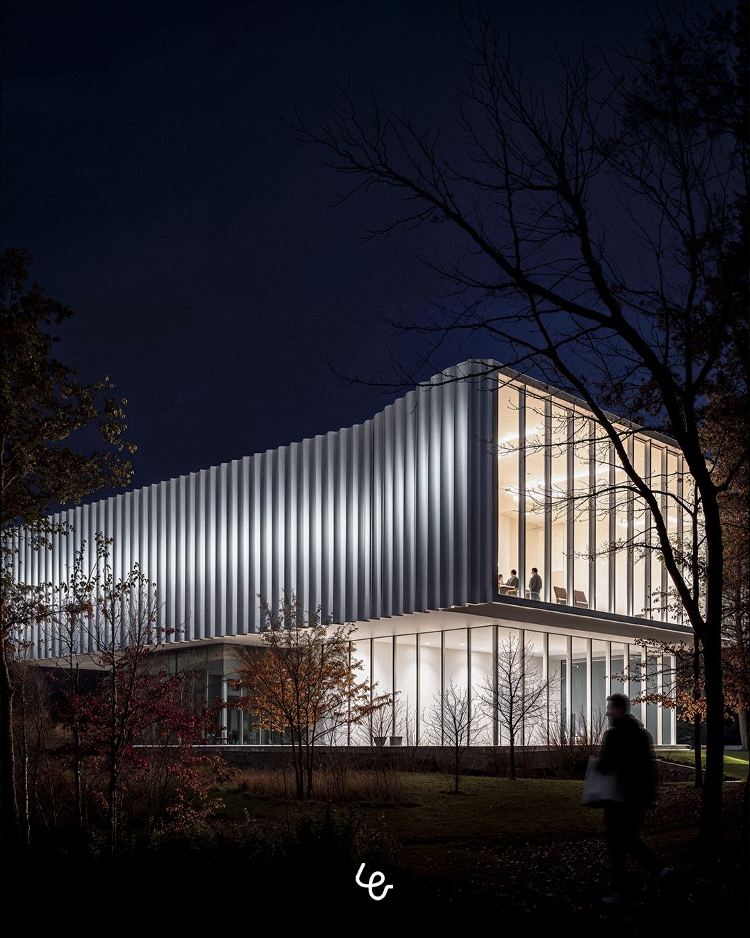 Night visualization of a pavilion among the trees