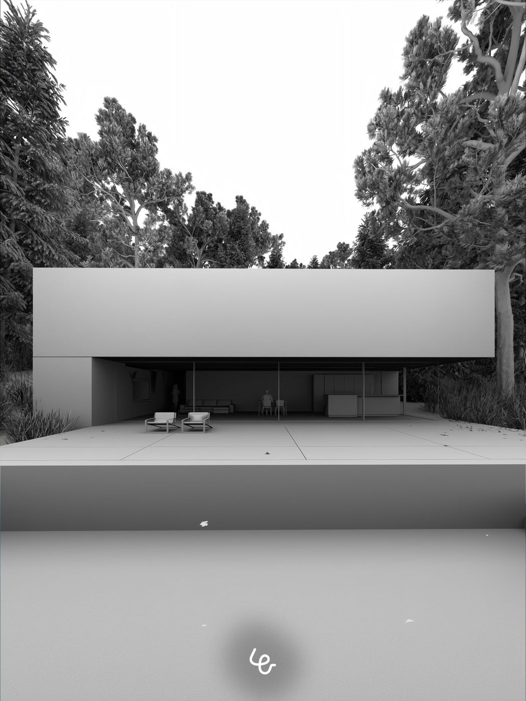 Plain white 3D model of a villa with a pool