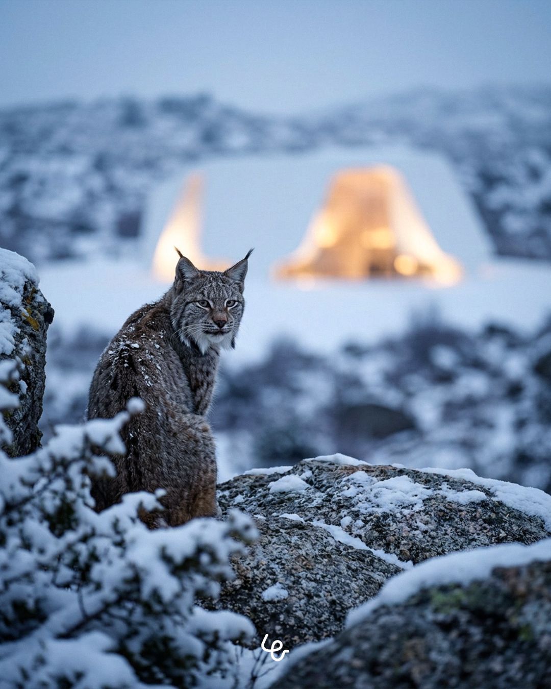 Visualization of a pavilion in the snow with a lynx