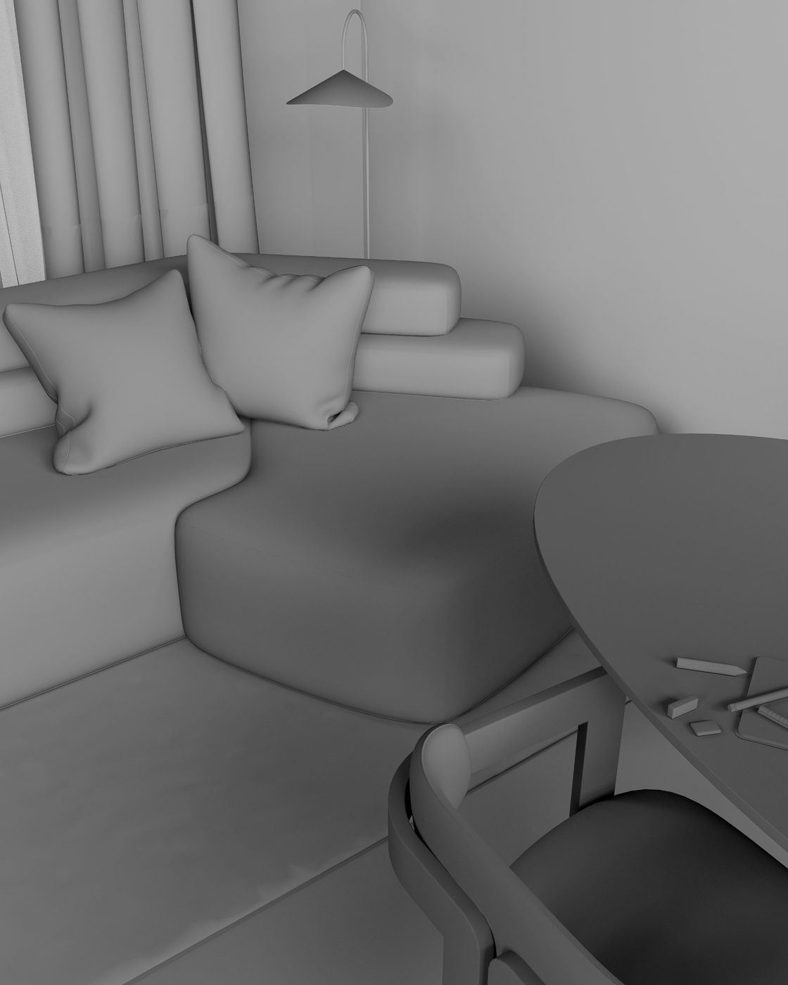 Plain white 3D model of a living room
