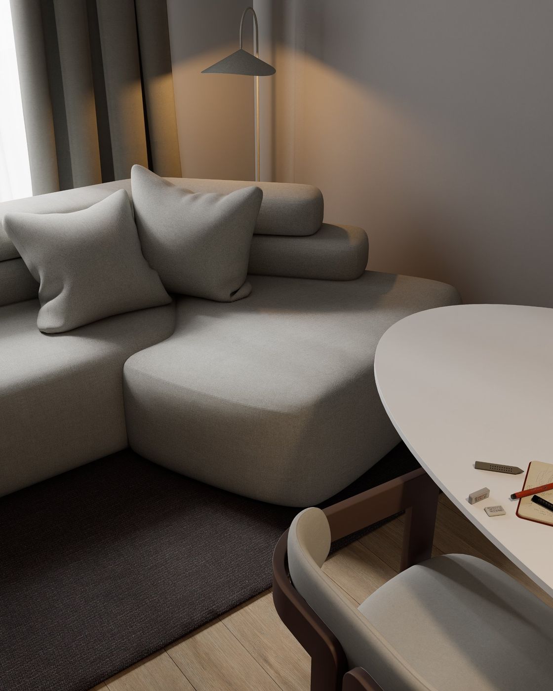 Render di un divano in luce naturale