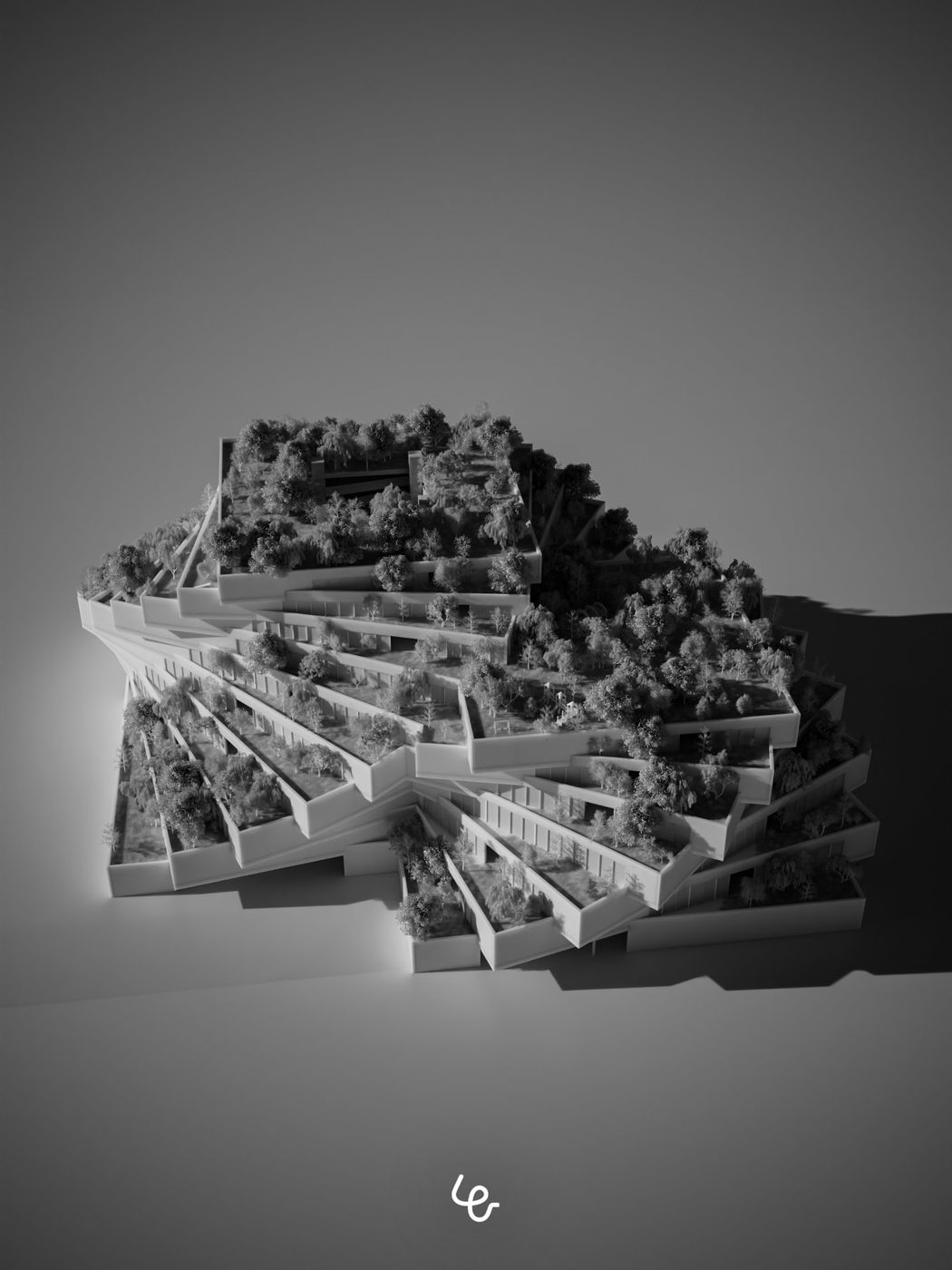 Study model of a terraced building from above