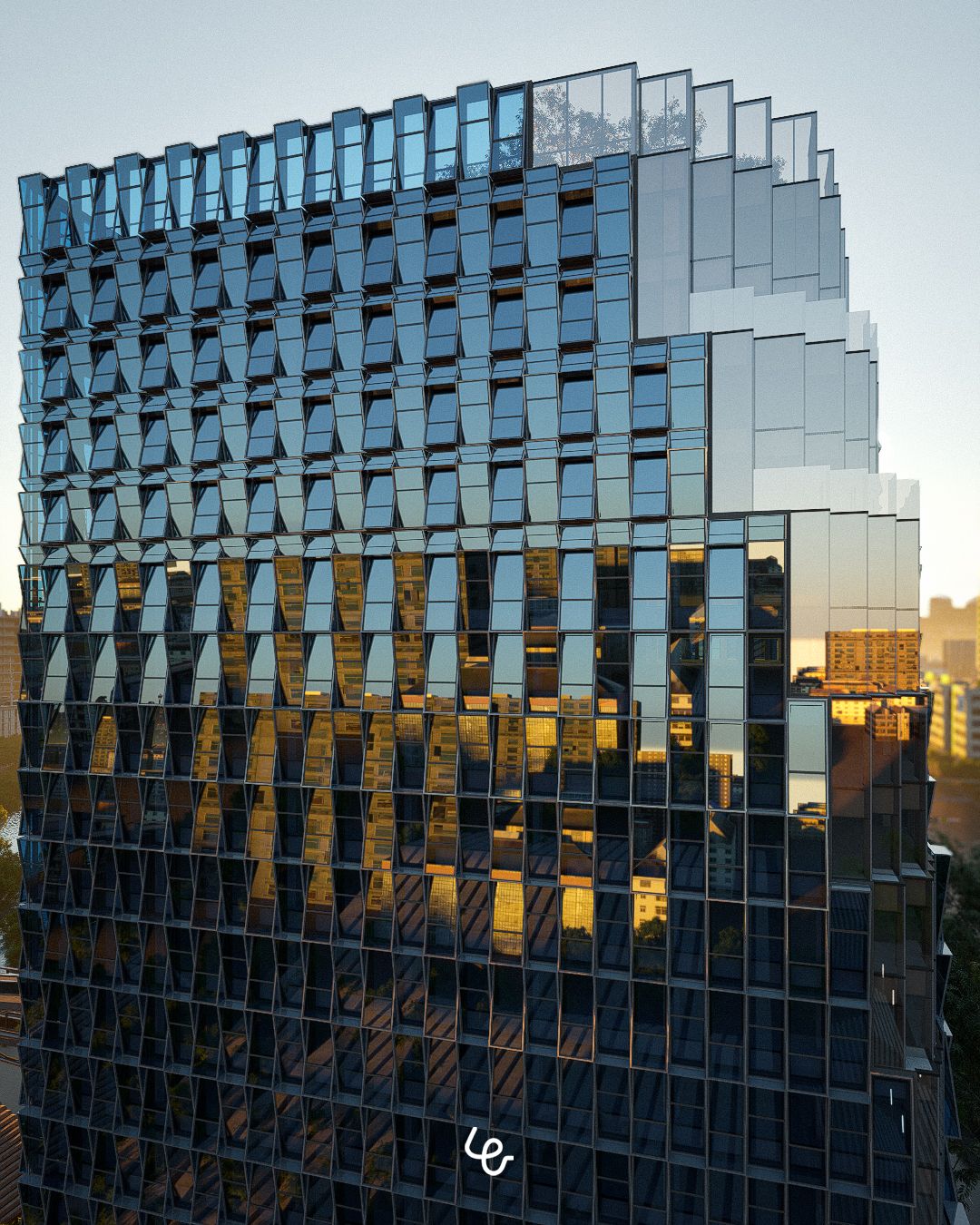 Render of a glass tower at sunset