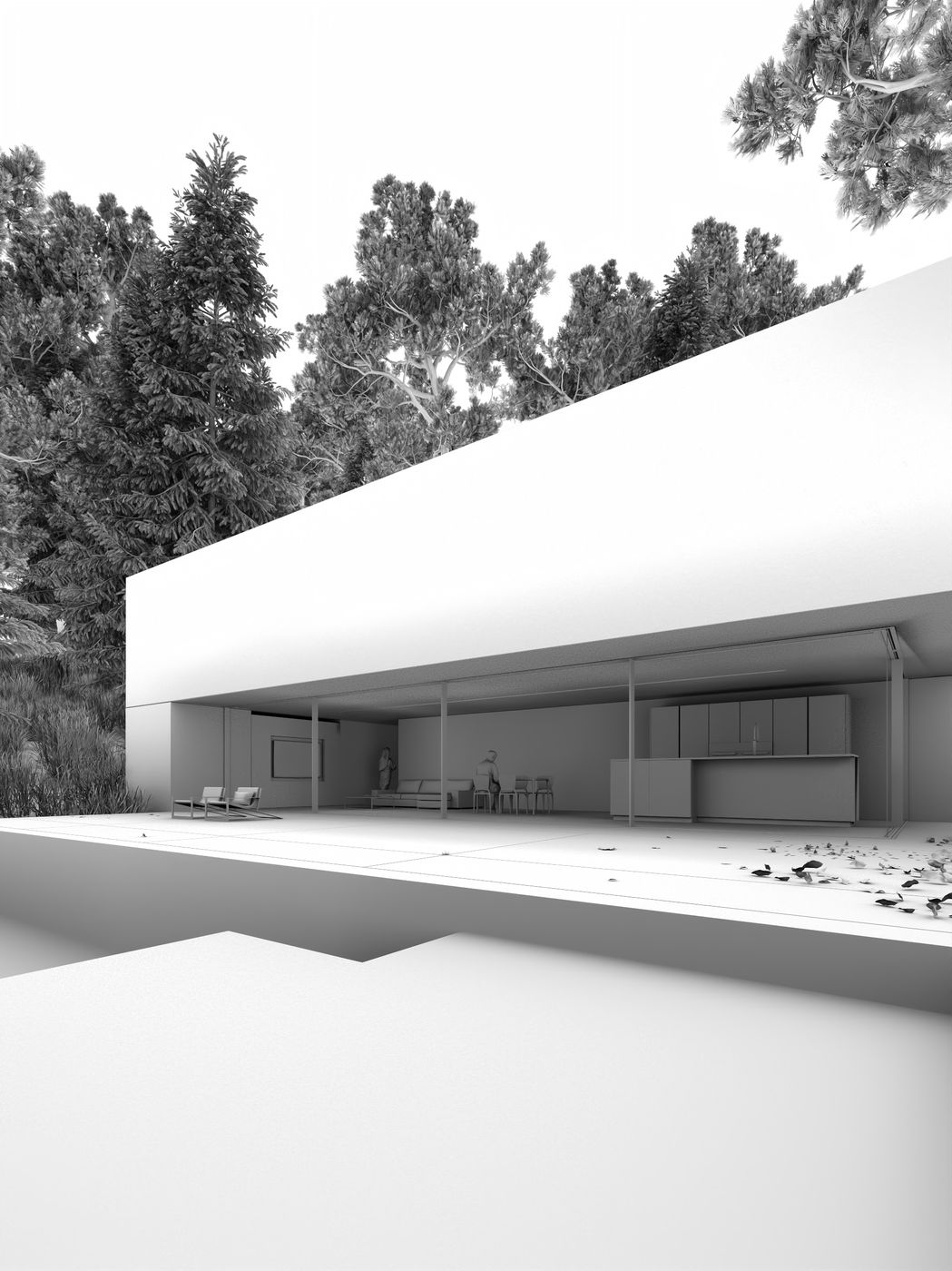 Plain white 3D model of the House of Silence