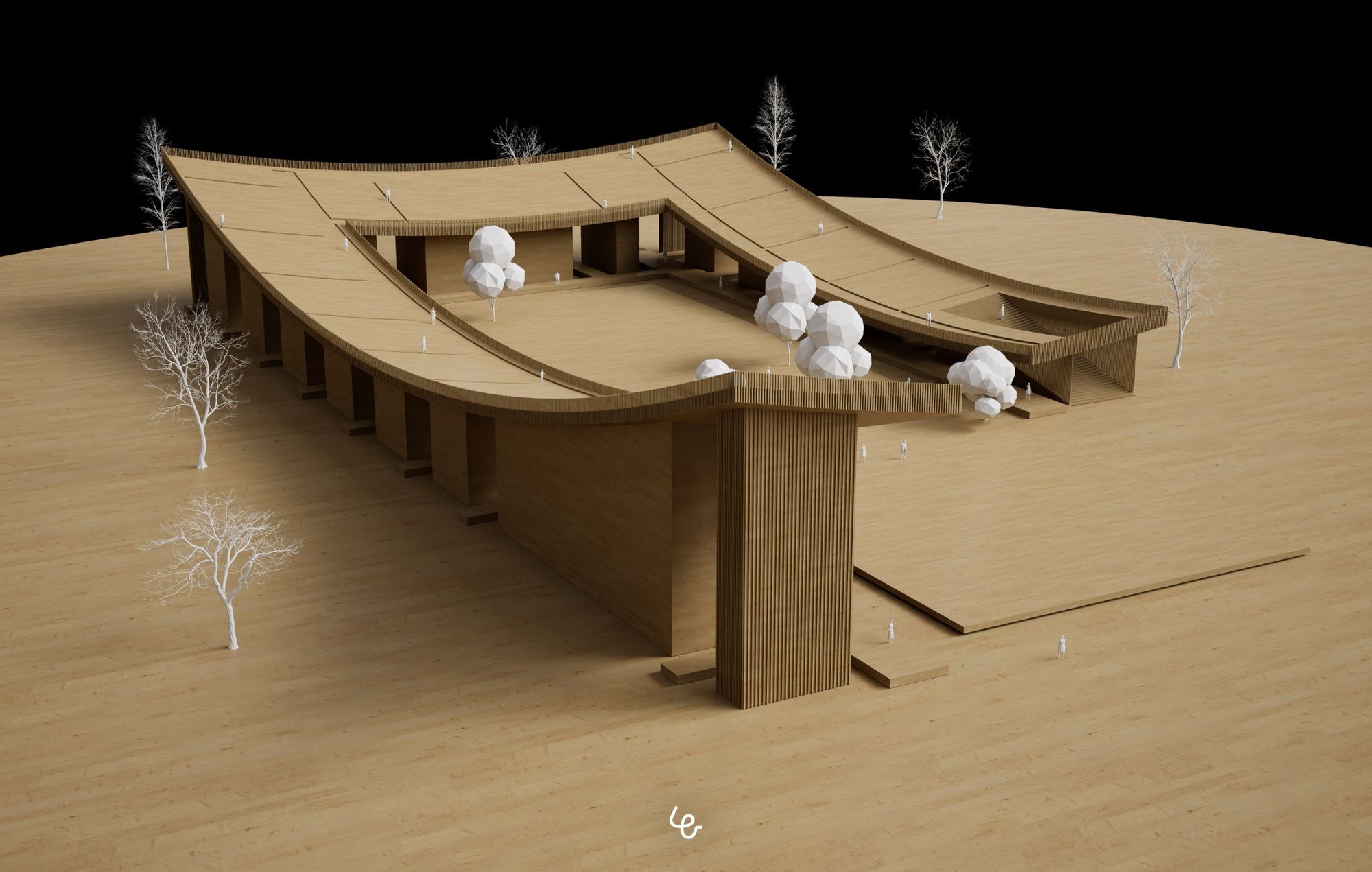 Render styled as a timber scale model